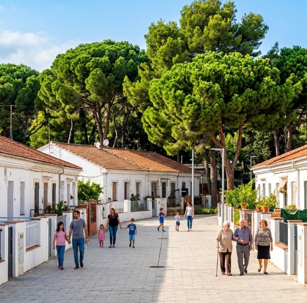Vistas de las pintorescas calles, las históricas casas blancas y el parque Turó de la Peira en Can Peguera